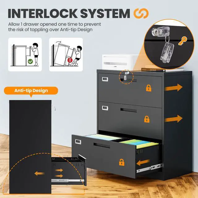 Alt view image 4 of 6 - 3 Drawer File Cabinets for Home Office, Office Storage Caninets Steel Cabnet for Letter/Legal/A4/F4-Assembly Required