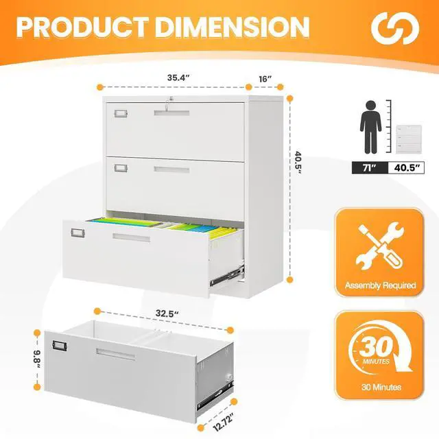 Alt view image 3 of 5 - 3 Drawer File Cabinets for Home Office, Metal Filing Cabinet with Lock, White Locking File Caninet Three Drawer, Office Storage Caninets Steel Cabnet for Letter/Legal/A4/F4-Assembly Required