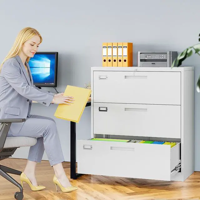 Alt view image 2 of 5 - 3 Drawer File Cabinets for Home Office, Metal Filing Cabinet with Lock, White Locking File Caninet Three Drawer, Office Storage Caninets Steel Cabnet for Letter/Legal/A4/F4-Assembly Required