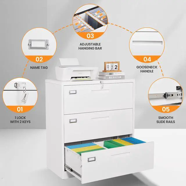 Alt view image 4 of 5 - 3 Drawer File Cabinets for Home Office, Metal Filing Cabinet with Lock, White Locking File Caninet Three Drawer, Office Storage Caninets Steel Cabnet for Letter/Legal/A4/F4-Assembly Required