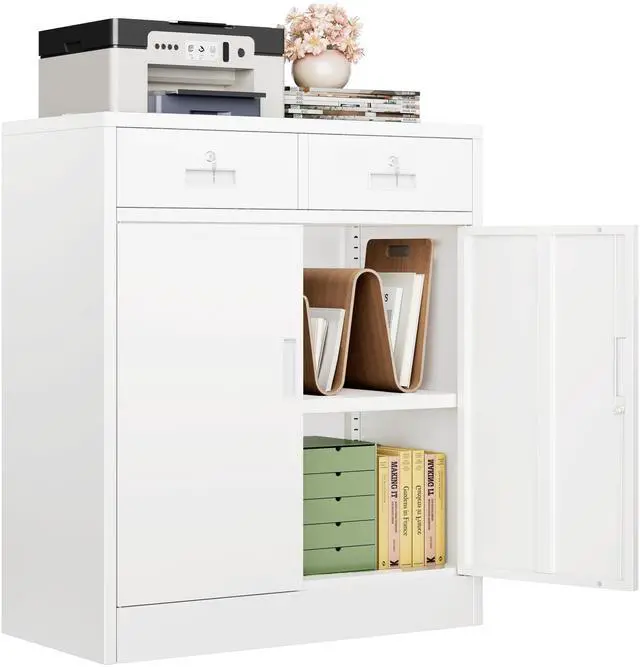 Main image of Metal Storage Cabinet, Locking Storage Cabinet with Doors and 2 Drawers, Metal Cabinets for Office/Home/Garage 36" H x 32" W x 16" D (White)