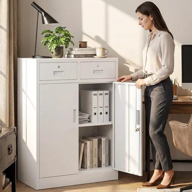 Alt view image 2 of 7 - Metal Storage Cabinet, Locking Storage Cabinet with Doors and 2 Drawers, Metal Cabinets for Office/Home/Garage 36" H x 32" W x 16" D (White)