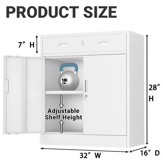 Alt view image 3 of 7 - Metal Storage Cabinet, Locking Storage Cabinet with Doors and 2 Drawers, Metal Cabinets for Office/Home/Garage 36" H x 32" W x 16" D (White)