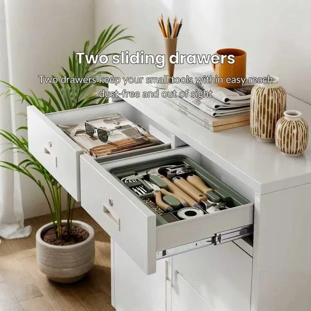 Alt view image 5 of 7 - Metal Storage Cabinet, Locking Storage Cabinet with Doors and 2 Drawers, Metal Cabinets for Office/Home/Garage 36" H x 32" W x 16" D (White)