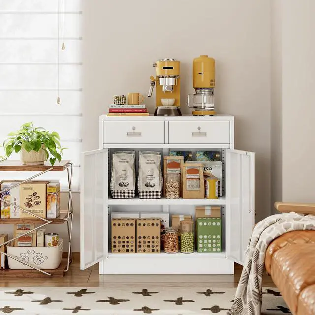 Alt view image 7 of 7 - Metal Storage Cabinet, Locking Storage Cabinet with Doors and 2 Drawers, Metal Cabinets for Office/Home/Garage 36" H x 32" W x 16" D (White)