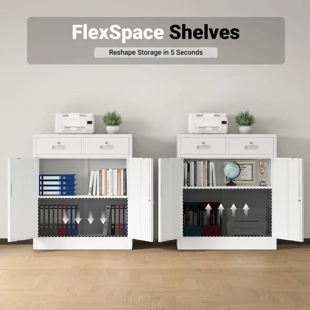 Alt view image 6 of 7 - Metal Storage Cabinet, Locking Storage Cabinet with Doors and 2 Drawers, Metal Cabinets for Office/Home/Garage 36" H x 32" W x 16" D (White)