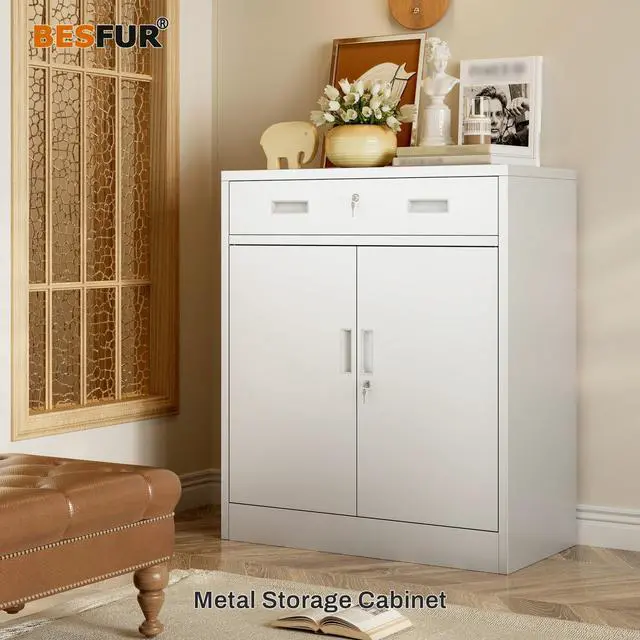Alt view image 2 of 7 - Metal Storage Cabinet, Garage Storage Cabinet with One Drawer and Adjustable Shelf, Locking Short Storage Cabinet for Office Garage Home, White Metal Cabinets(36" H x 27.5" W x 16" D)