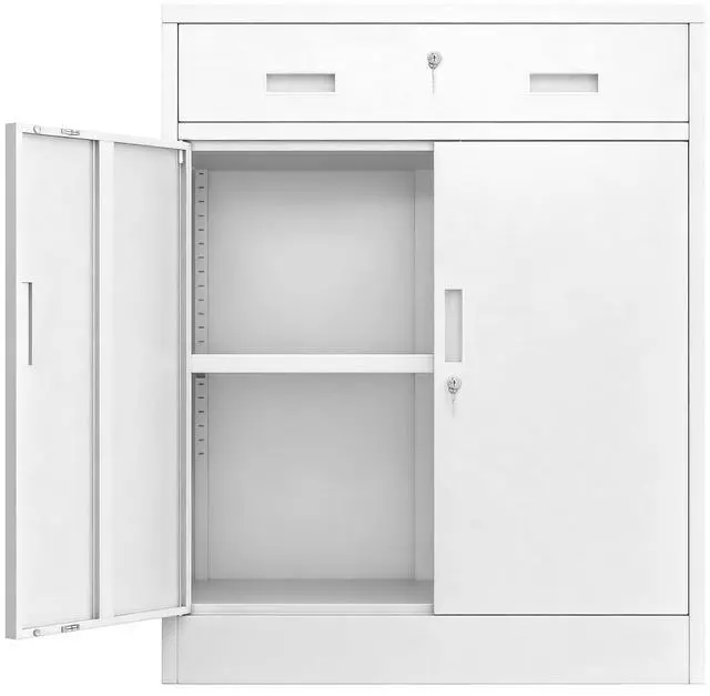 Main image of Metal Storage Cabinet, Garage Storage Cabinet with One Drawer and Adjustable Shelf, Locking Short Storage Cabinet for Office Garage Home, White Metal Cabinets(36" H x 27.5" W x 16" D)
