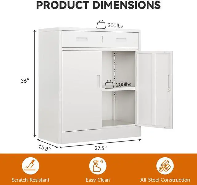 Alt view image 3 of 7 - Metal Storage Cabinet, Garage Storage Cabinet with One Drawer and Adjustable Shelf, Locking Short Storage Cabinet for Office Garage Home, White Metal Cabinets(36" H x 27.5" W x 16" D)