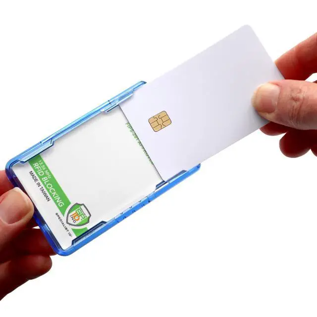 Alt view image 6 of 6 - 10 Pack - RFID Blocking Badge Holder - Secure 2 Card Holder for Government, HSPD-12, CAC, TWIC, PIV, Smart Cards - Durable Hard Plastic, Dual Sided, RFID Badge Protection (Blue)