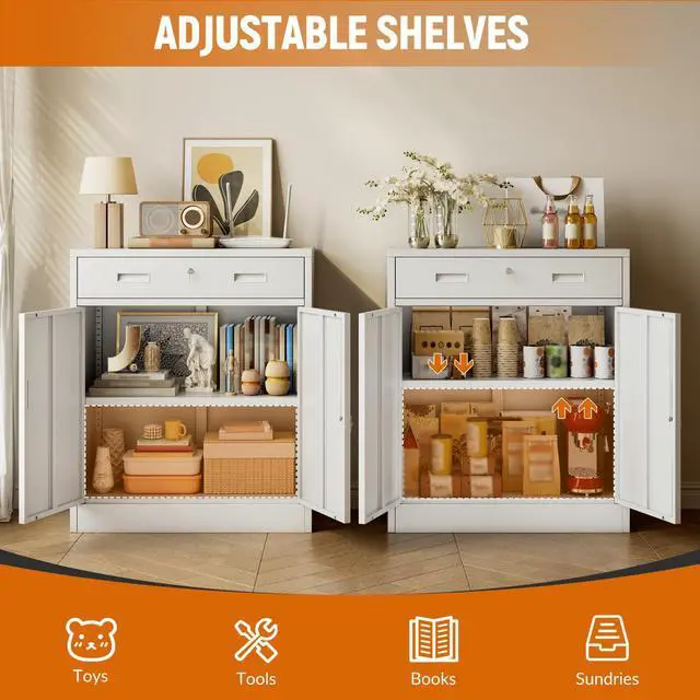 Alt view image 5 of 7 - Metal Storage Cabinet, Garage Storage Cabinet with One Drawer and Adjustable Shelf, Locking Short Storage Cabinet for Office Garage Home, White Metal Cabinets(36" H x 27.5" W x 16" D)
