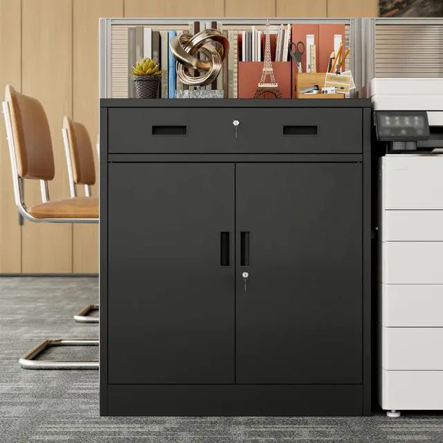 Alt view image 2 of 7 - Metal Storage Cabinet, Garage Storage Cabinet with One Drawer and Adjustable Shelf, Locking Short Storage Cabinet for Office Garage Home, Black Metal Cabinets(36" H x 27.5" W x 16" D)