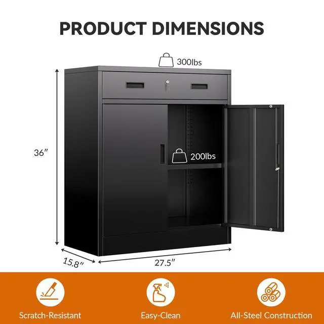 Alt view image 3 of 7 - Metal Storage Cabinet, Garage Storage Cabinet with One Drawer and Adjustable Shelf, Locking Short Storage Cabinet for Office Garage Home, Black Metal Cabinets(36" H x 27.5" W x 16" D)