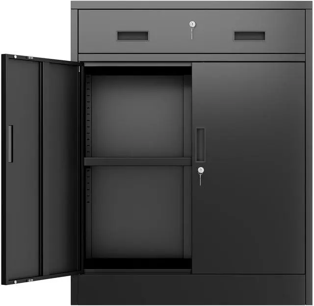 Main image of Metal Storage Cabinet, Garage Storage Cabinet with One Drawer and Adjustable Shelf, Locking Short Storage Cabinet for Office Garage Home, Black Metal Cabinets(36" H x 27.5" W x 16" D)