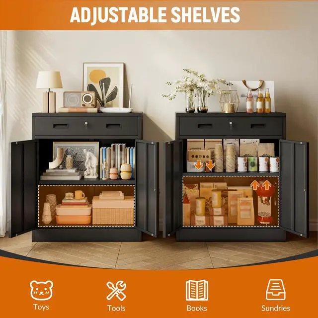 Alt view image 7 of 7 - Metal Storage Cabinet, Garage Storage Cabinet with One Drawer and Adjustable Shelf, Locking Short Storage Cabinet for Office Garage Home, Black Metal Cabinets(36" H x 27.5" W x 16" D)