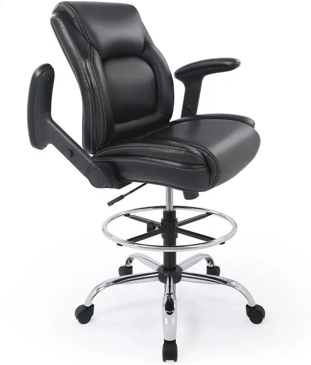 Main image of Ergonomic Mid-Back Premium Faux Leather Adjustable Drafting Chair with Multi-Function Arms and Foot Ring, Standing-Desk Matched Tall Swivel Computer Office Stool, Black