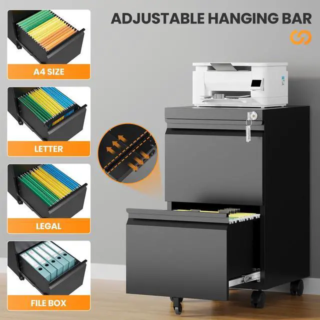 Alt view image 5 of 7 - 2 Drawer File Cabinet, Fully Assembled Mobile File Cabinets with Lock, Metal Rolling Filing Caninet on Wheels, Small Two Drawer Under Desk Cabnet for Letter/Legal / A4 / File Box - Black