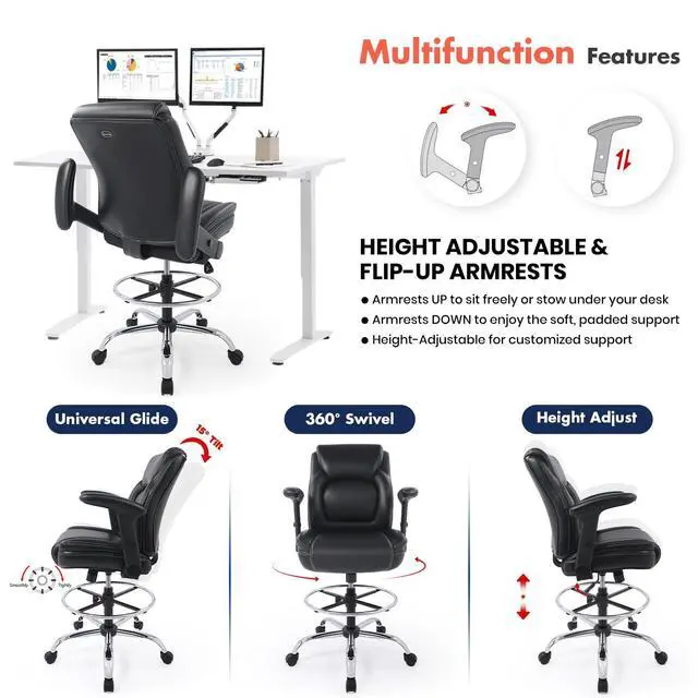 Alt view image 4 of 7 - Ergonomic Mid-Back Premium Faux Leather Adjustable Drafting Chair with Multi-Function Arms and Foot Ring, Standing-Desk Matched Tall Swivel Computer Office Stool, Black