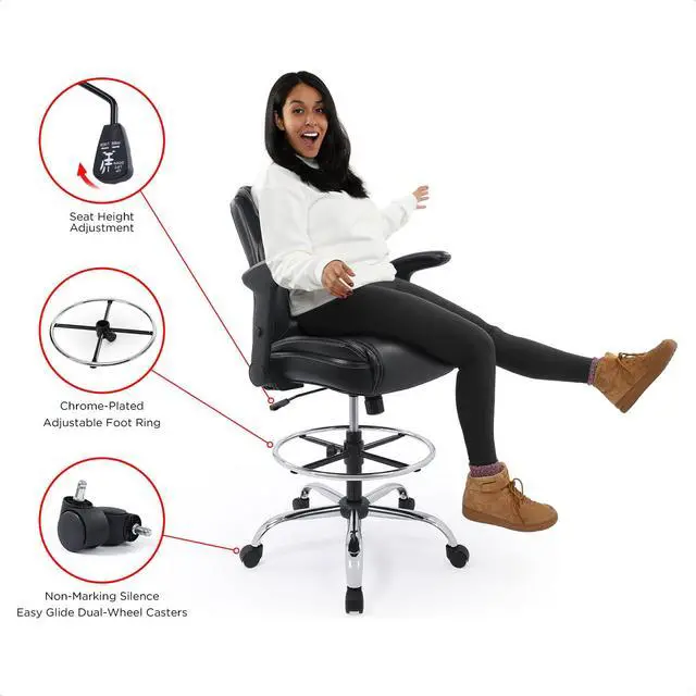 Alt view image 7 of 7 - Ergonomic Mid-Back Premium Faux Leather Adjustable Drafting Chair with Multi-Function Arms and Foot Ring, Standing-Desk Matched Tall Swivel Computer Office Stool, Black