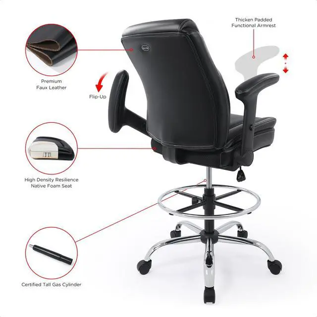 Alt view image 6 of 7 - Ergonomic Mid-Back Premium Faux Leather Adjustable Drafting Chair with Multi-Function Arms and Foot Ring, Standing-Desk Matched Tall Swivel Computer Office Stool, Black