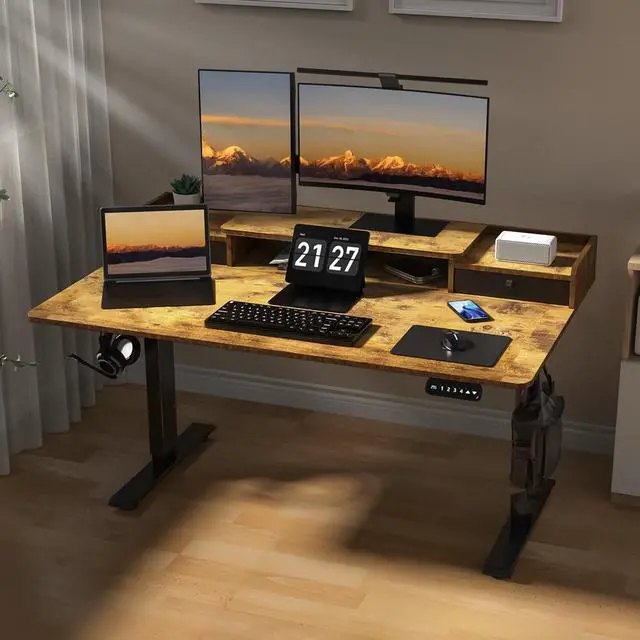 Alt view image 7 of 7 - 55 x 30 Inch Electric Standing Desk with 2 Drawers, Adjustable Height Widened Stand Up Desk with Storage, Sit to Stand Ergonomic Workstation for Home Office, Rustic Brown