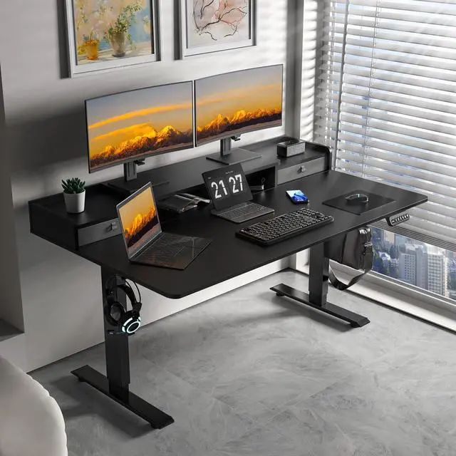 Alt view image 2 of 7 - 63 x 30 Inch Electric Standing Desk with 2 Drawers, Adjustable Height Widened Stand Up Desk with Storage, Sit to Stand Ergonomic Workstation for Home Office, Classic Black