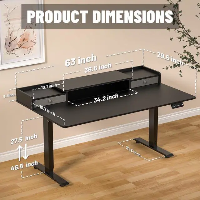 Alt view image 3 of 7 - 63 x 30 Inch Electric Standing Desk with 2 Drawers, Adjustable Height Widened Stand Up Desk with Storage, Sit to Stand Ergonomic Workstation for Home Office, Classic Black