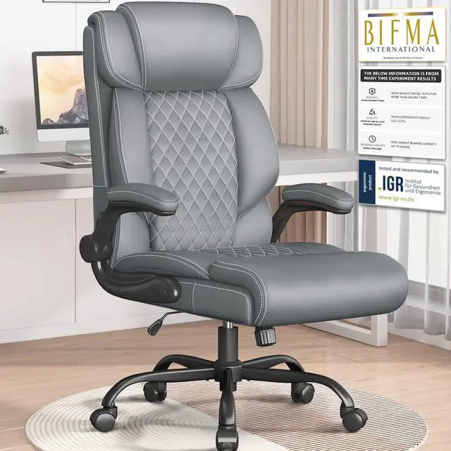 Main image of Office Chair-Executive High Back Breathable Big and Tall Office Chair Flip-up Armrests Lumbar Support-Ergonomic Leather Rolling Swivel Chair with Rock Function for Working Studying Gaming,Gray