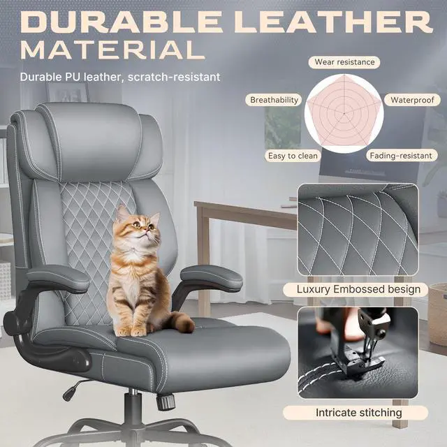 Alt view image 2 of 7 - Office Chair-Executive High Back Breathable Big and Tall Office Chair Flip-up Armrests Lumbar Support-Ergonomic Leather Rolling Swivel Chair with Rock Function for Working Studying Gaming,Gray