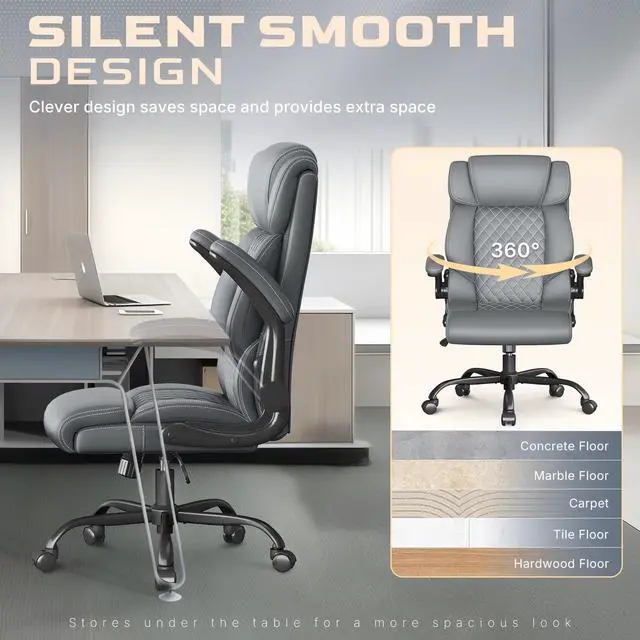 Alt view image 3 of 7 - Office Chair-Executive High Back Breathable Big and Tall Office Chair Flip-up Armrests Lumbar Support-Ergonomic Leather Rolling Swivel Chair with Rock Function for Working Studying Gaming,Gray