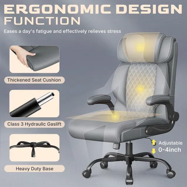 Alt view image 4 of 7 - Office Chair-Executive High Back Breathable Big and Tall Office Chair Flip-up Armrests Lumbar Support-Ergonomic Leather Rolling Swivel Chair with Rock Function for Working Studying Gaming,Gray