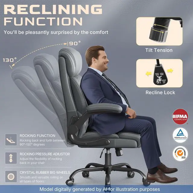 Alt view image 5 of 7 - Office Chair-Executive High Back Breathable Big and Tall Office Chair Flip-up Armrests Lumbar Support-Ergonomic Leather Rolling Swivel Chair with Rock Function for Working Studying Gaming,Gray