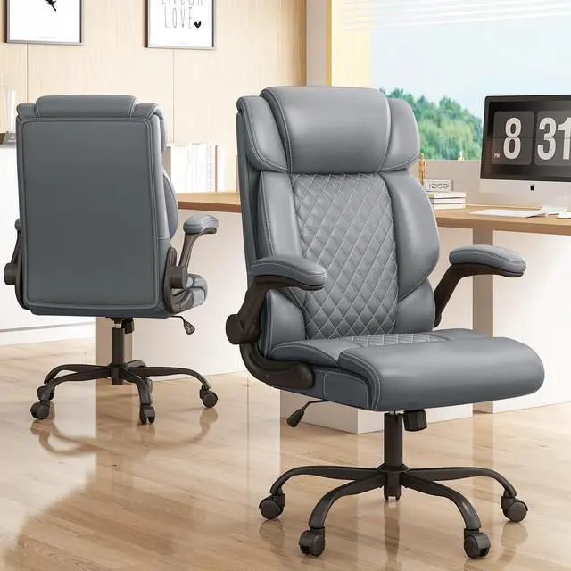 Alt view image 6 of 7 - Office Chair-Executive High Back Breathable Big and Tall Office Chair Flip-up Armrests Lumbar Support-Ergonomic Leather Rolling Swivel Chair with Rock Function for Working Studying Gaming,Gray