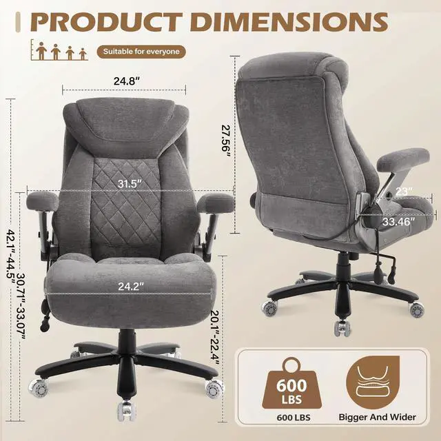 Alt view image 2 of 7 - 600LBS Large Big and Tall Office Chair, Heavy Duty Wide Ergonomic Gaming Office Chair with 5D Flip Arms, Comfy Fabric Executive Office Desk Chair, Extra Wide Padded Seat, Adjustable Lumbar,Grey