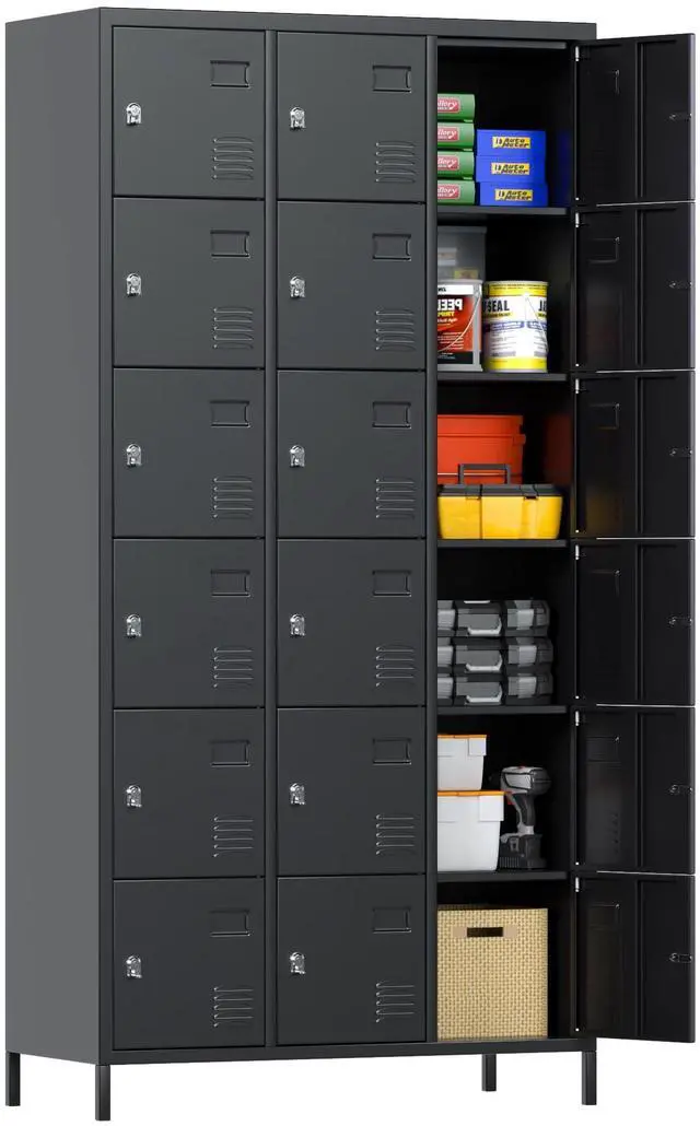 Main image of 18-Door Metal Employee Locker with Padlock Hasps, Black | 72"H x 35.4"W x 15.75"D steel locker with vented doors, name card slots, raised legs and required assembly