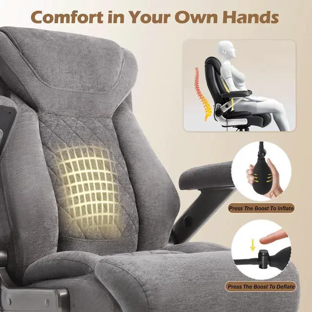 Alt view image 7 of 7 - 600LBS Large Big and Tall Office Chair, Heavy Duty Wide Ergonomic Gaming Office Chair with 5D Flip Arms, Comfy Fabric Executive Office Desk Chair, Extra Wide Padded Seat, Adjustable Lumbar,Grey