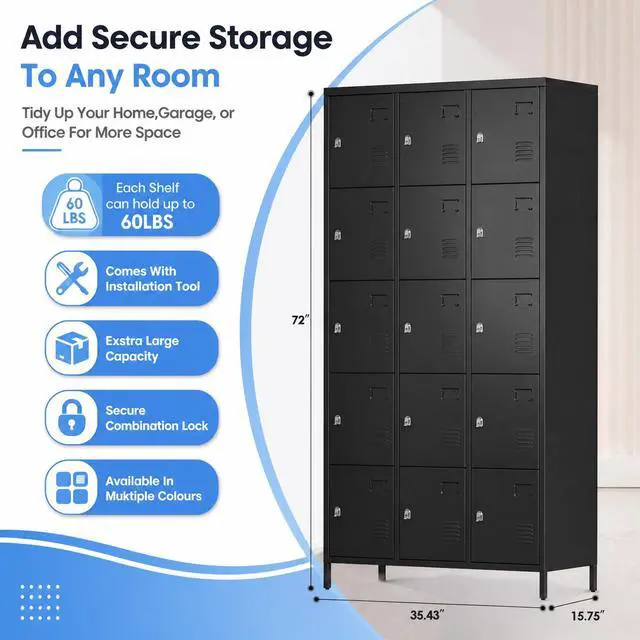 Alt view image 2 of 7 - 18-Door Metal Employee Locker with Padlock Hasps, Black | 72"H x 35.4"W x 15.75"D steel locker with vented doors, name card slots, raised legs and required assembly