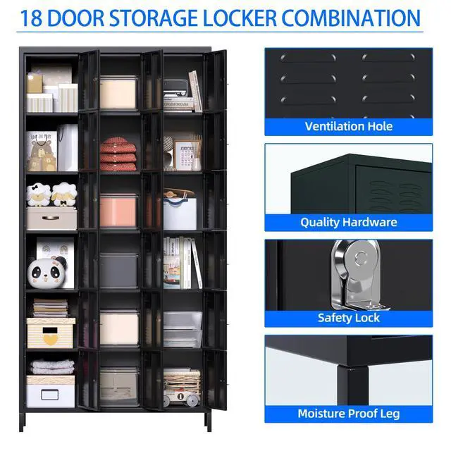 Alt view image 3 of 7 - 18-Door Metal Employee Locker with Padlock Hasps, Black | 72"H x 35.4"W x 15.75"D steel locker with vented doors, name card slots, raised legs and required assembly