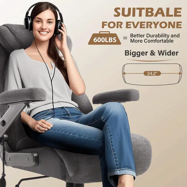 Alt view image 6 of 7 - 600LBS Large Big and Tall Office Chair, Heavy Duty Wide Ergonomic Gaming Office Chair with 5D Flip Arms, Comfy Fabric Executive Office Desk Chair, Extra Wide Padded Seat, Adjustable Lumbar,Grey