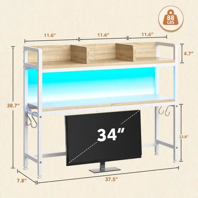 Alt view image 2 of 7 - 2-Tier Desk Shelf with LED for Bedroom and Home Office, White | Students & Renters, Wood & Steel, Holds 44 lbs & 33 lbs per Tier, Adjustable Shelf, Anti-tip & 4 Hooks, 37.5