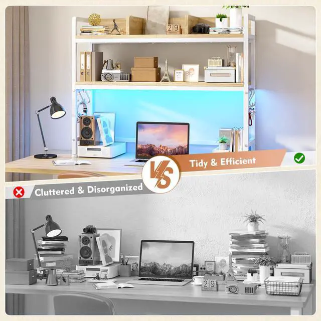 Alt view image 7 of 7 - 2-Tier Desk Shelf with LED for Bedroom and Home Office, White | Students & Renters, Wood & Steel, Holds 44 lbs & 33 lbs per Tier, Adjustable Shelf, Anti-tip & 4 Hooks, 37.5