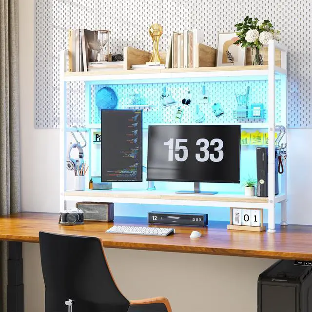 Alt view image 5 of 7 - 2-Tier Desk Shelf with LED for Bedroom and Home Office, White | Students & Renters, Wood & Steel, Holds 44 lbs & 33 lbs per Tier, Adjustable Shelf, Anti-tip & 4 Hooks, 37.5