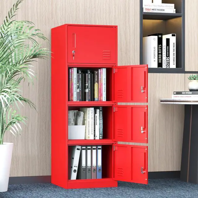 Main image of Metal Storage Cabinet with Lock, Organizer,Steel Locker for Office, Home, Bank, School, Gym,Bedroom,Living Room (Red, 4 Doors)