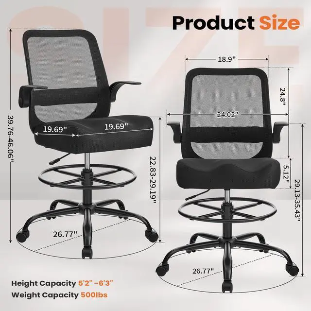 Alt view image 2 of 7 - Drafting Chair for Standing Desks, 500LBS Capacity Tall Office Chair with Adjustable Height, Foot Ring, Flip-Up Armrests, Thick Curved Seat for Home Office, Drawing, and Creative Work