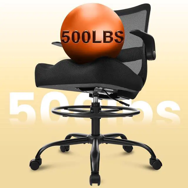 Alt view image 3 of 7 - Drafting Chair for Standing Desks, 500LBS Capacity Tall Office Chair with Adjustable Height, Foot Ring, Flip-Up Armrests, Thick Curved Seat for Home Office, Drawing, and Creative Work