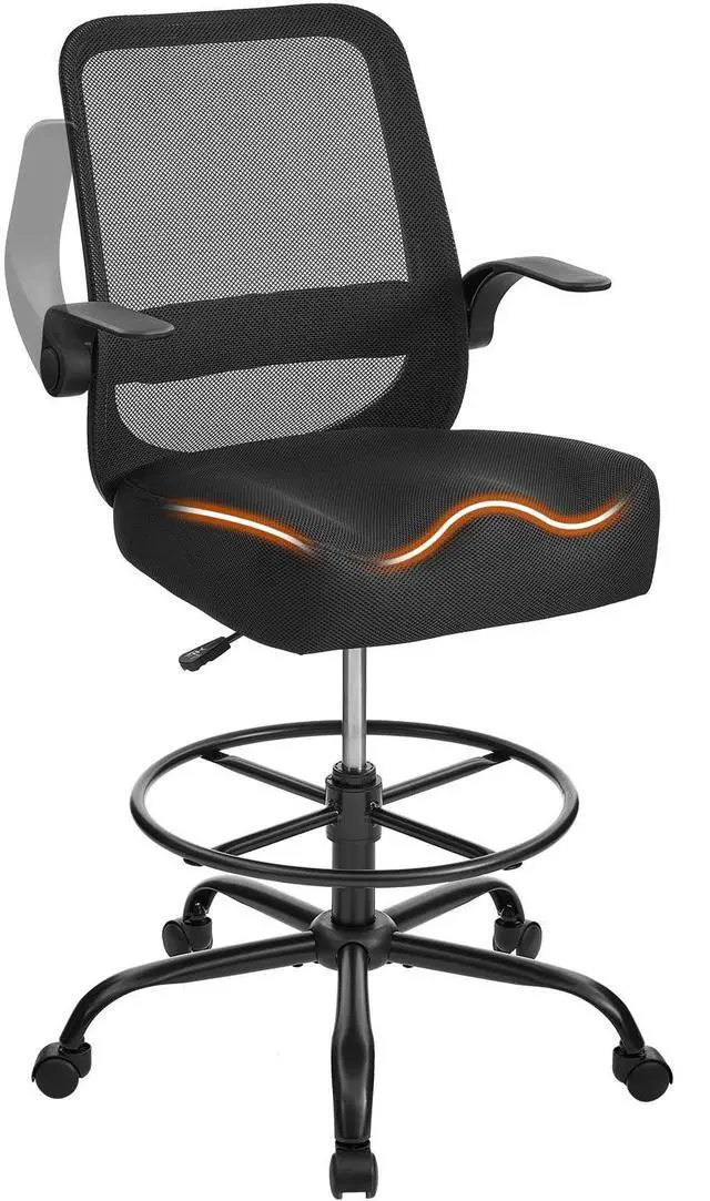 Main image of Drafting Chair for Standing Desks, 500LBS Capacity Tall Office Chair with Adjustable Height, Foot Ring, Flip-Up Armrests, Thick Curved Seat for Home Office, Drawing, and Creative Work