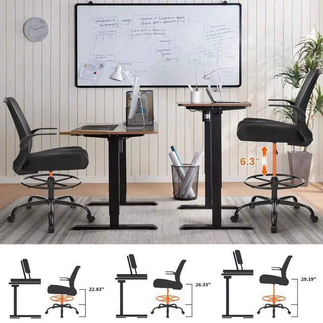 Alt view image 6 of 7 - Drafting Chair for Standing Desks, 500LBS Capacity Tall Office Chair with Adjustable Height, Foot Ring, Flip-Up Armrests, Thick Curved Seat for Home Office, Drawing, and Creative Work