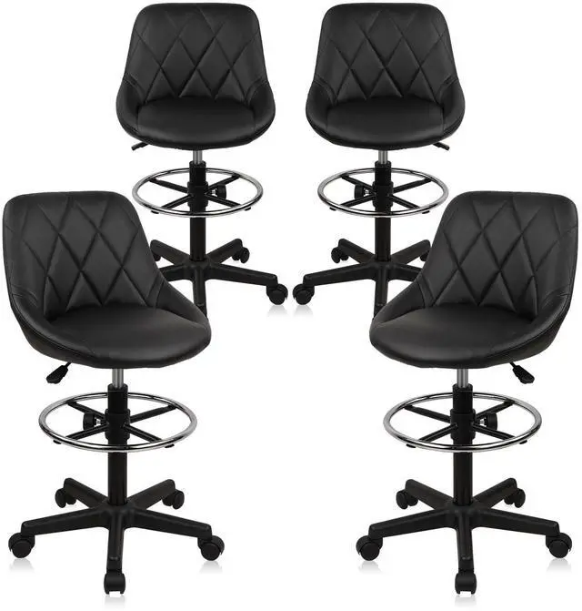 Main image of Drafting Chair with Backrest and Wheels, Adjustable Footrest Height Rolling Stool, PU Leather Tall Swivel Chairs Work Shop Office Desk Stools for Kitchen Home Bar, Black, 4 Pack