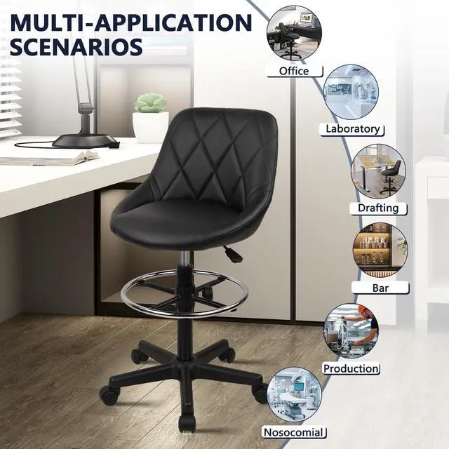 Alt view image 4 of 7 - Drafting Chair with Backrest and Wheels, Adjustable Footrest Height Rolling Stool, PU Leather Tall Swivel Chairs Work Shop Office Desk Stools for Kitchen Home Bar, Black, 4 Pack