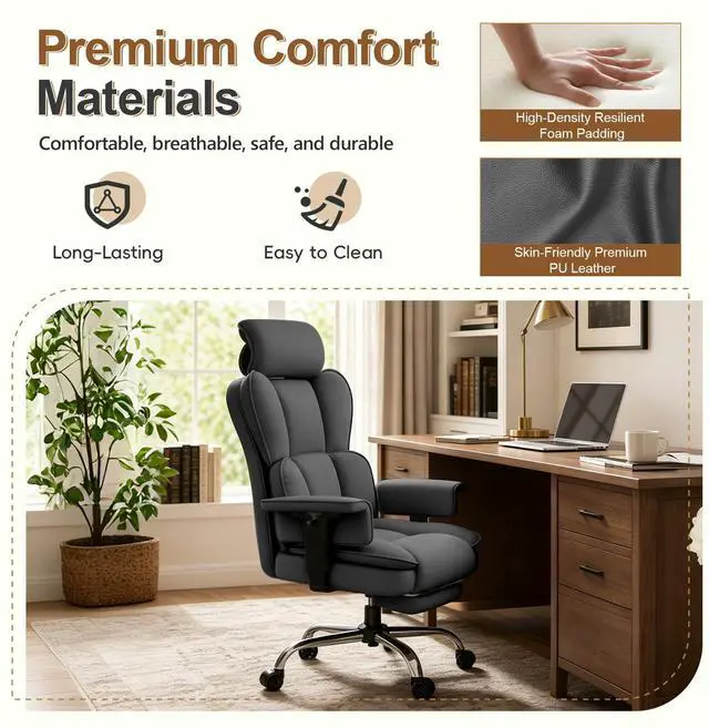 Alt view image 5 of 7 - Big and Tall Office Chair, Heavy Duty Executive Office Desk Chair Adjustable Armrests and Footrest, PU Leather Computer Chair for Work Office Home